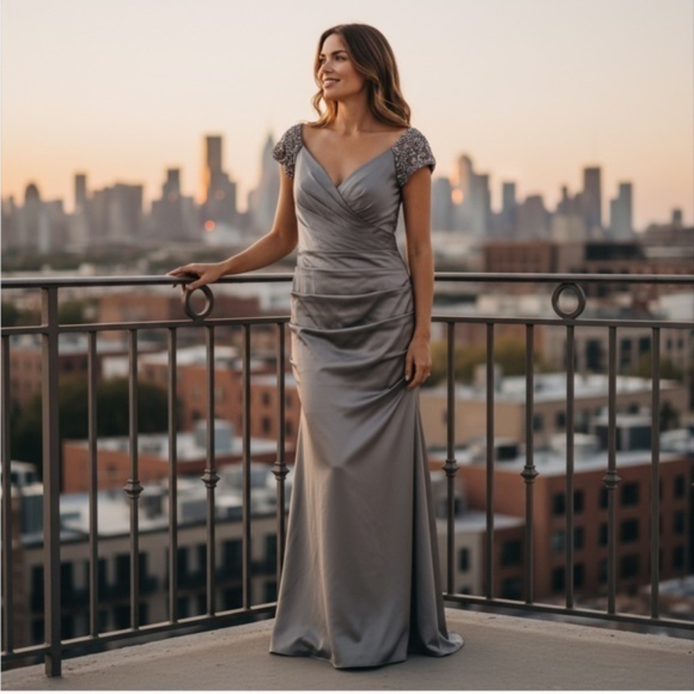 La Femme Satin Off the Shoulder Dress with Beaded Sleeves style 25996 Size 12